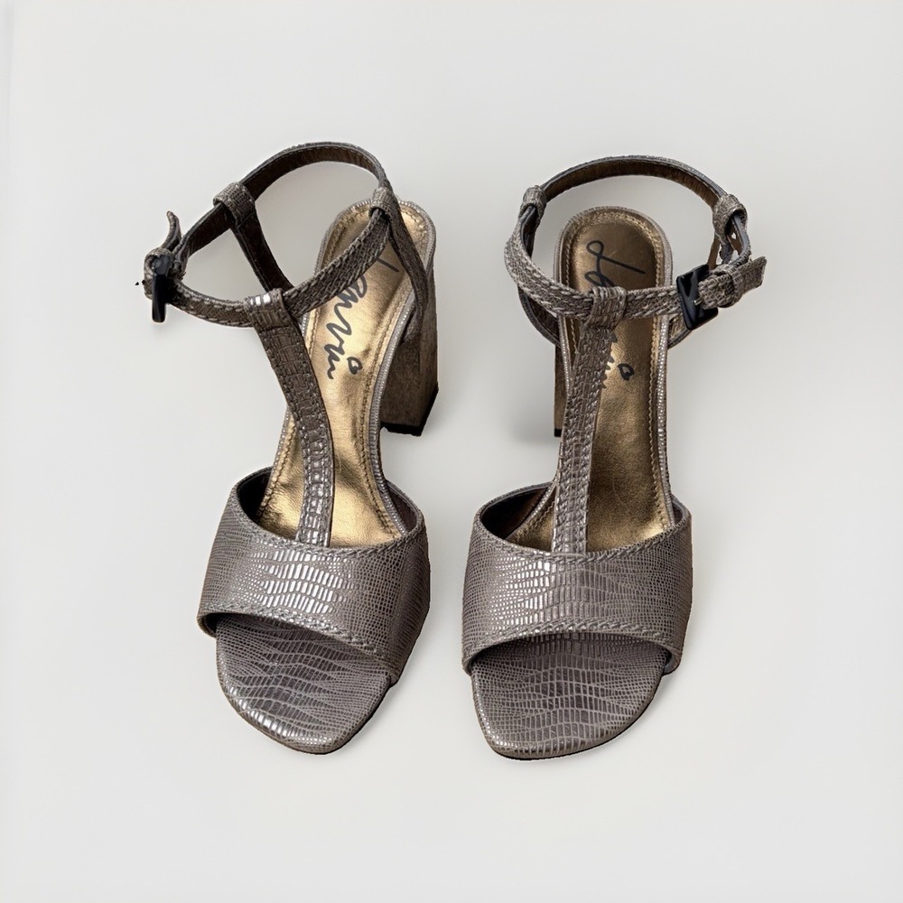 Lanvin Metallic Gold Embossed Leather T-Strap Open Toe Block Heel Sandals 38